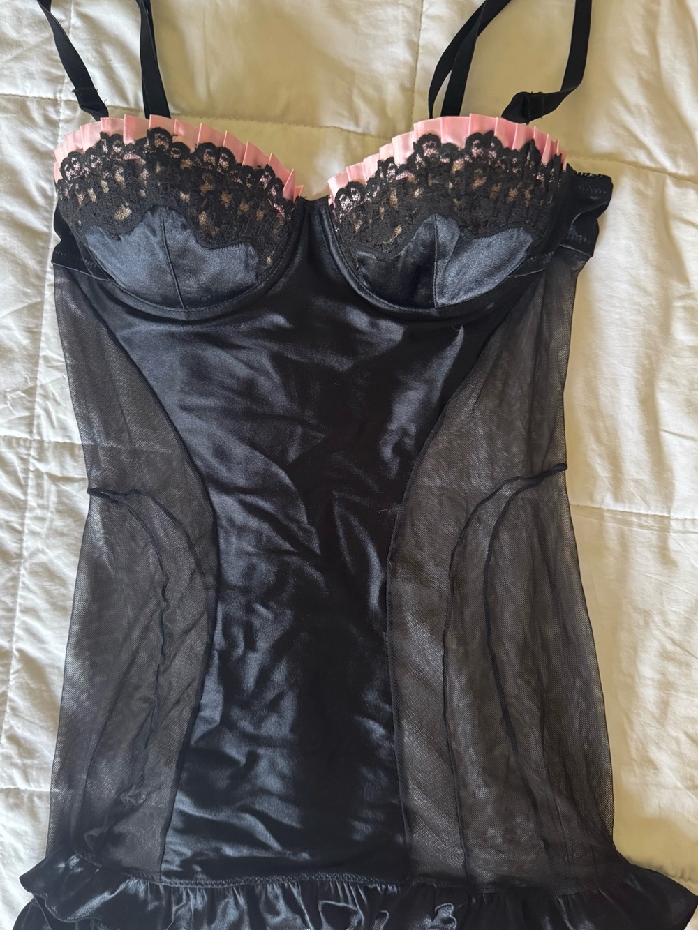 Victoria's Secret Black Satin and Pink Trim Lace Chemise